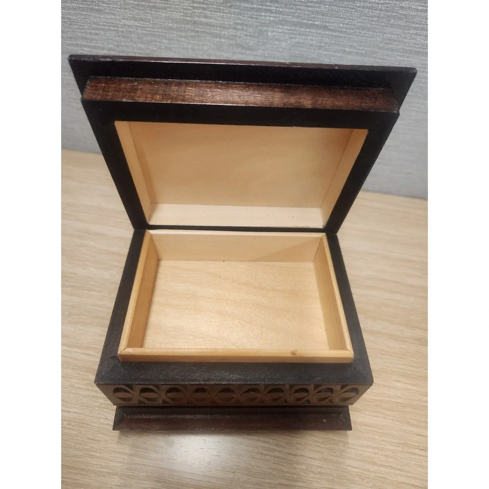 Vintage Hand Carved Wood Double Secret Compartment Hinged Trinket Or Jewelry Box